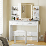 Garvee Vanity Desk with Tri-Mode LED Lighted Mirror, Charging Station, 6 Shelves, 2 Drawers, Soft Cushion Stool, Marble White for Bedroom