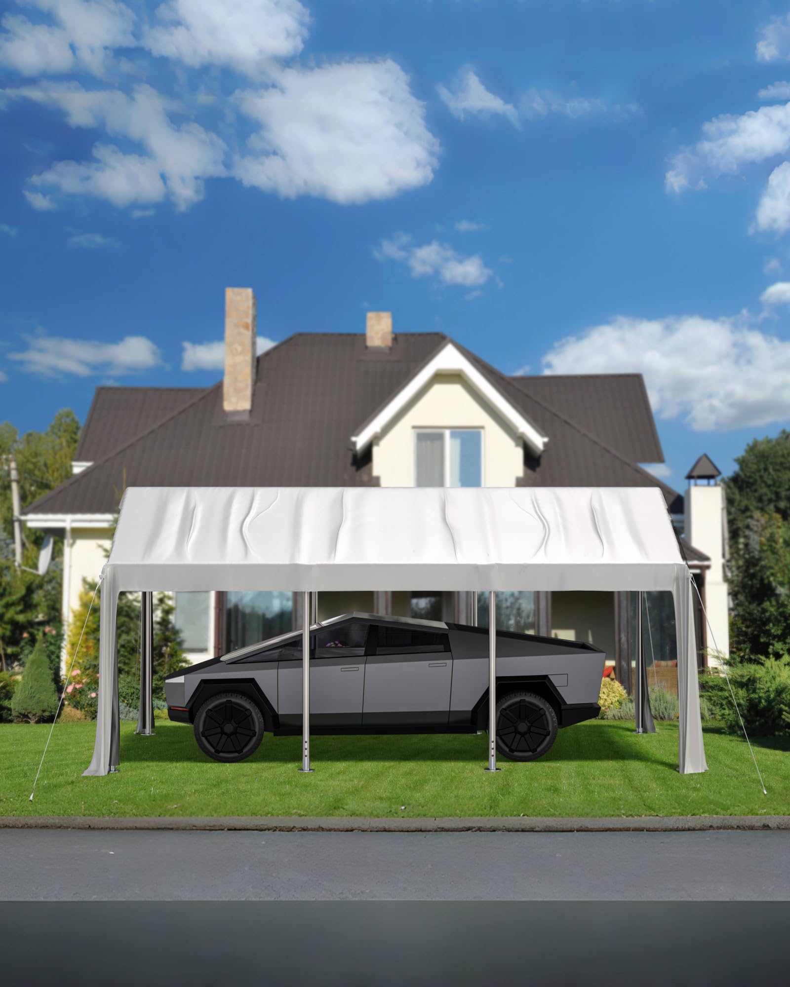 White carport canopy providing overhead coverage for a full-size pickup truck