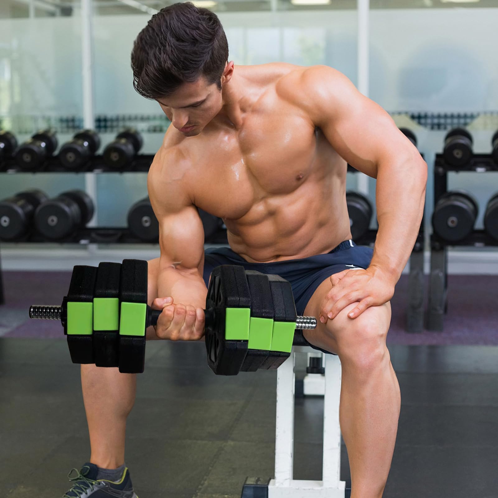 Man using Garvee 44 lbs adjustable dumbbell in home gym workout