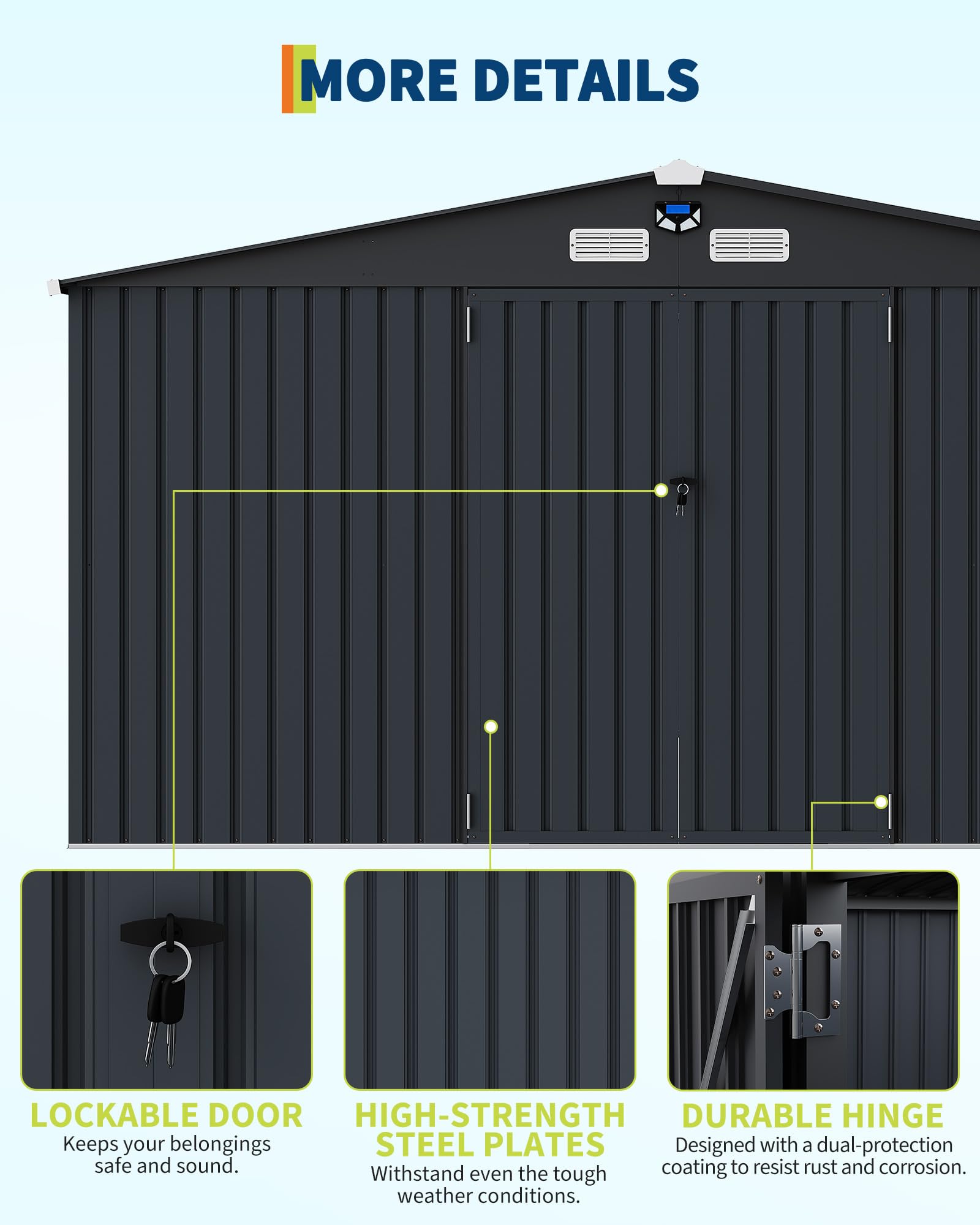 Lockable door high-strength steel plates and durable hinge details