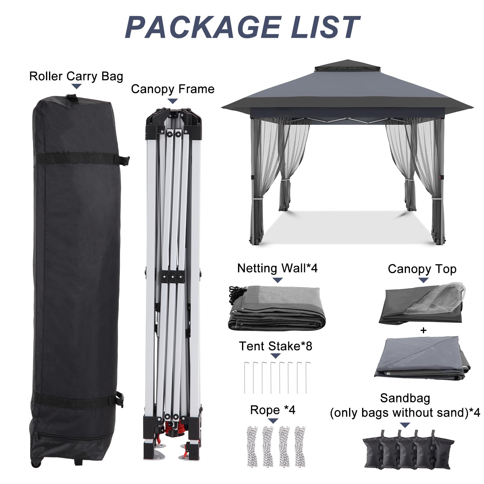 Garvee gazebo package list with canopy frame netting walls stakes ropes and sandbags