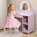 Garvee Kids Vanity with Lighted Mirror & Stool, Adjustable LED Light, Storage Drawer & Shelves for Girls 3-9, Purple - Purple