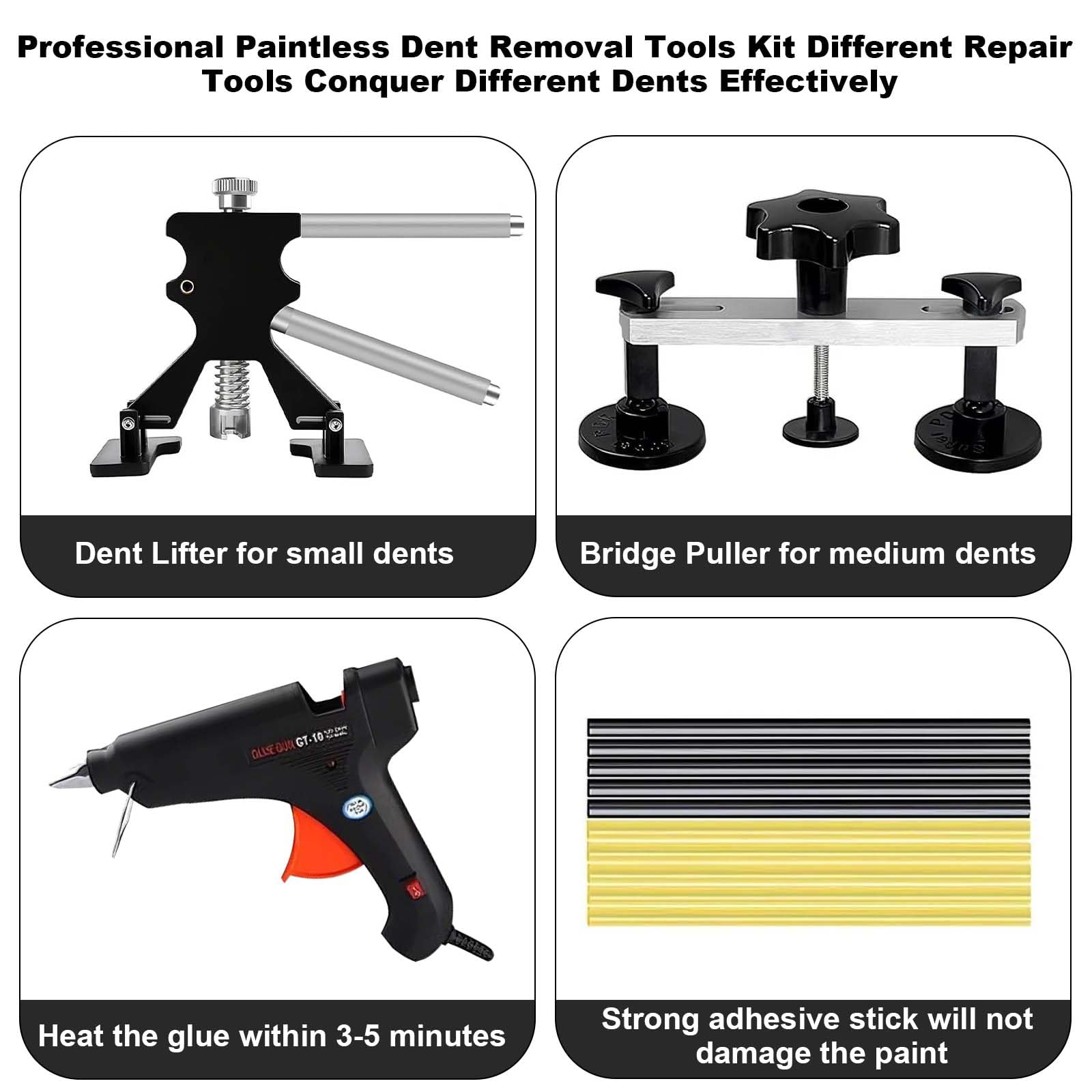 Dent lifter and bridge puller for small and medium dents with glue gun and adhesive sticks