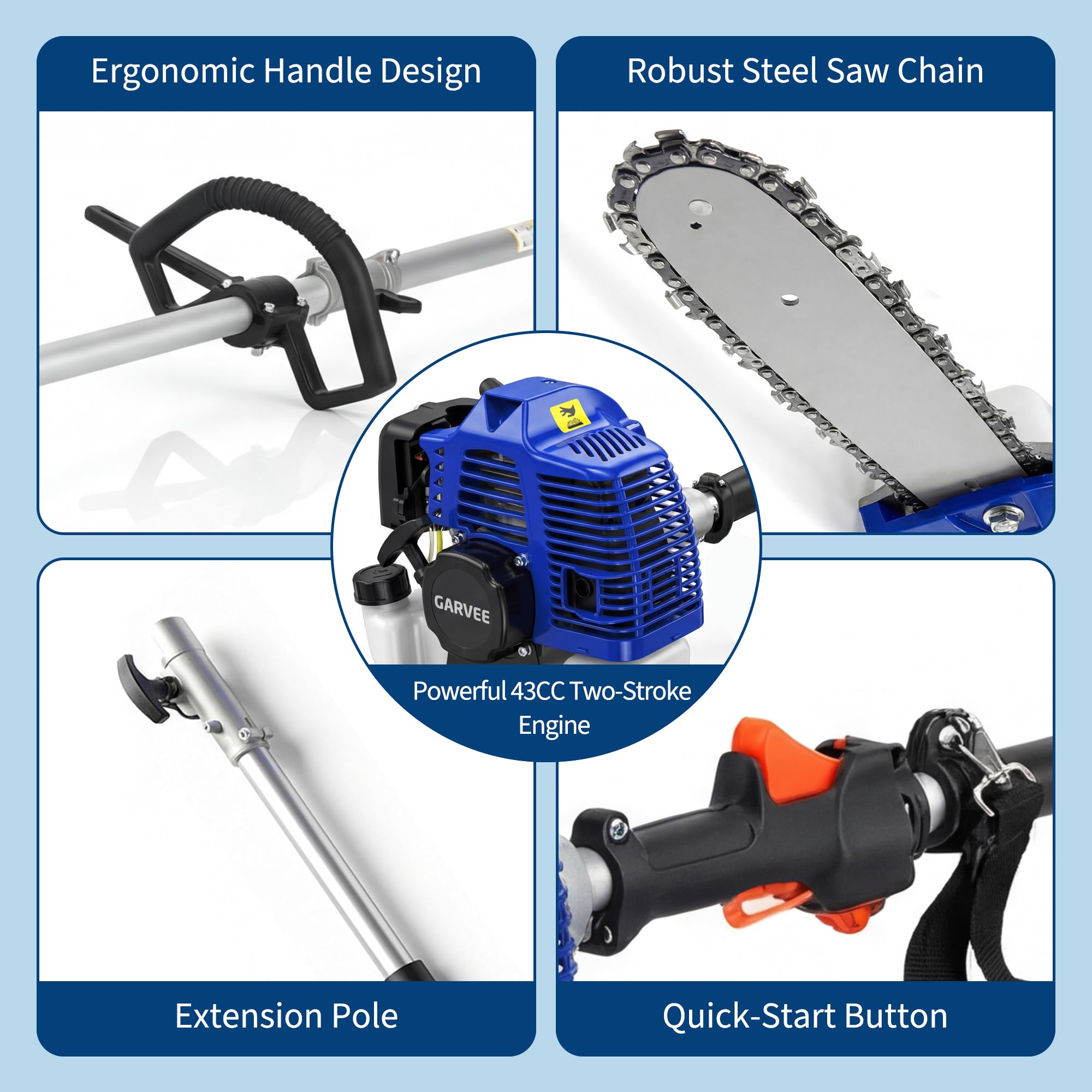 Garvee blue 43CC gas pole saw ergonomic handle and extension pole details