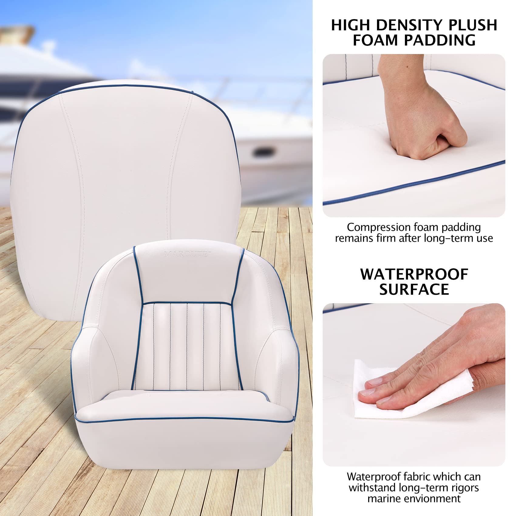 white and blue captain boat seat high density foam and waterproof surface details