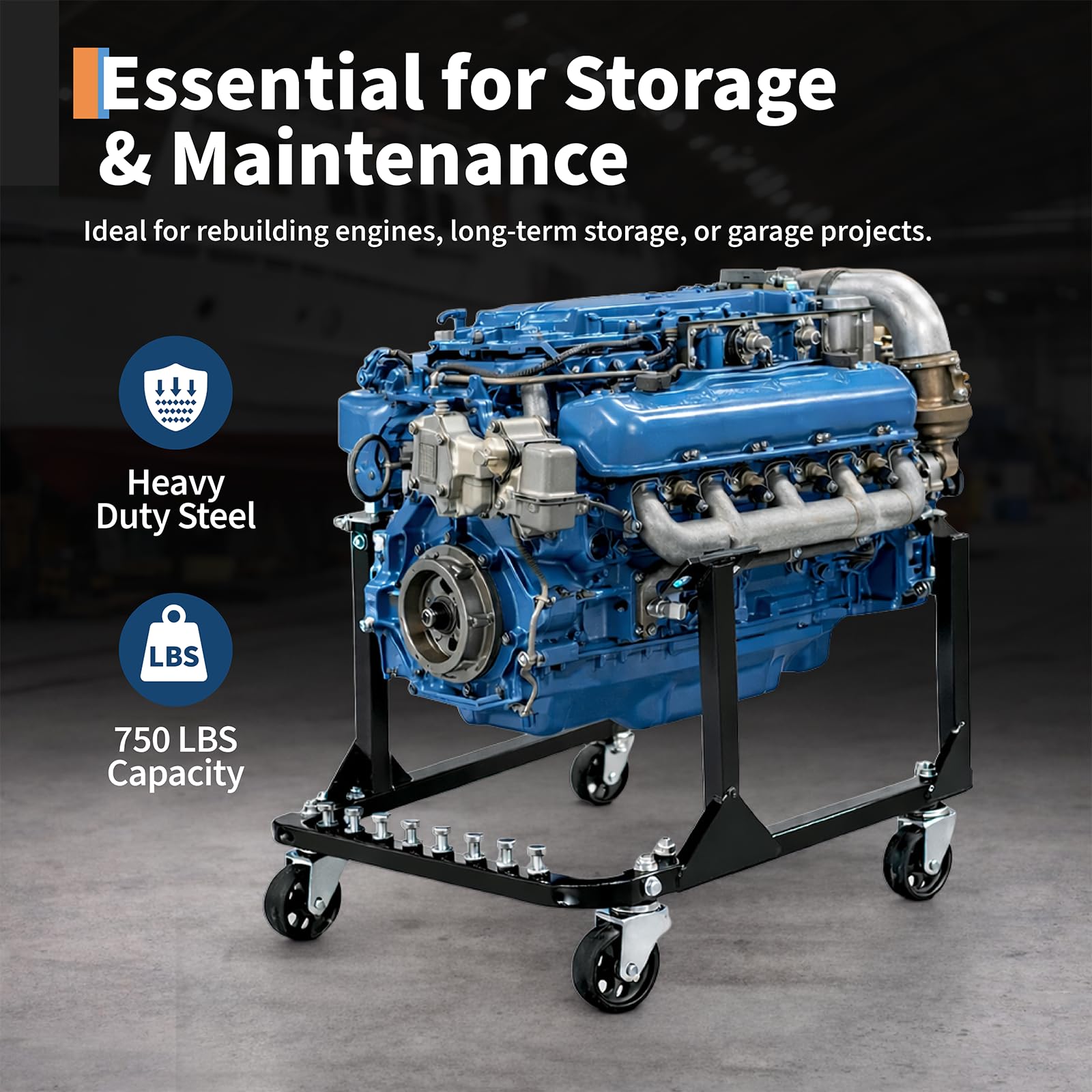 Engine mounted on a black rolling cradle with 750 lb capacity callout