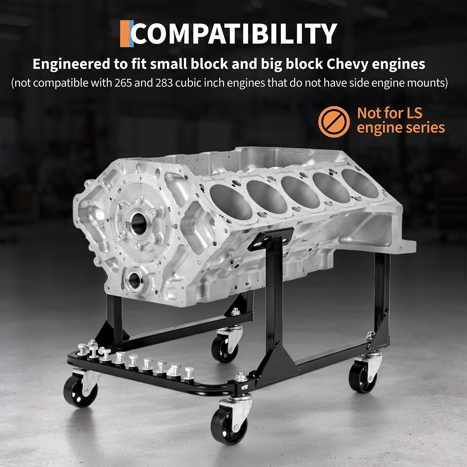 Chevy engine block mounted on black rolling cradle with compatibility notes