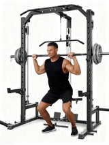 Garvee Smith Machine Home Gym with LAT-Pull Down System, Landmine, Barbell Bar, Safety Spotter Arms, J Hooks, Plate Storage Pegs for Full Body Training - Pure Black