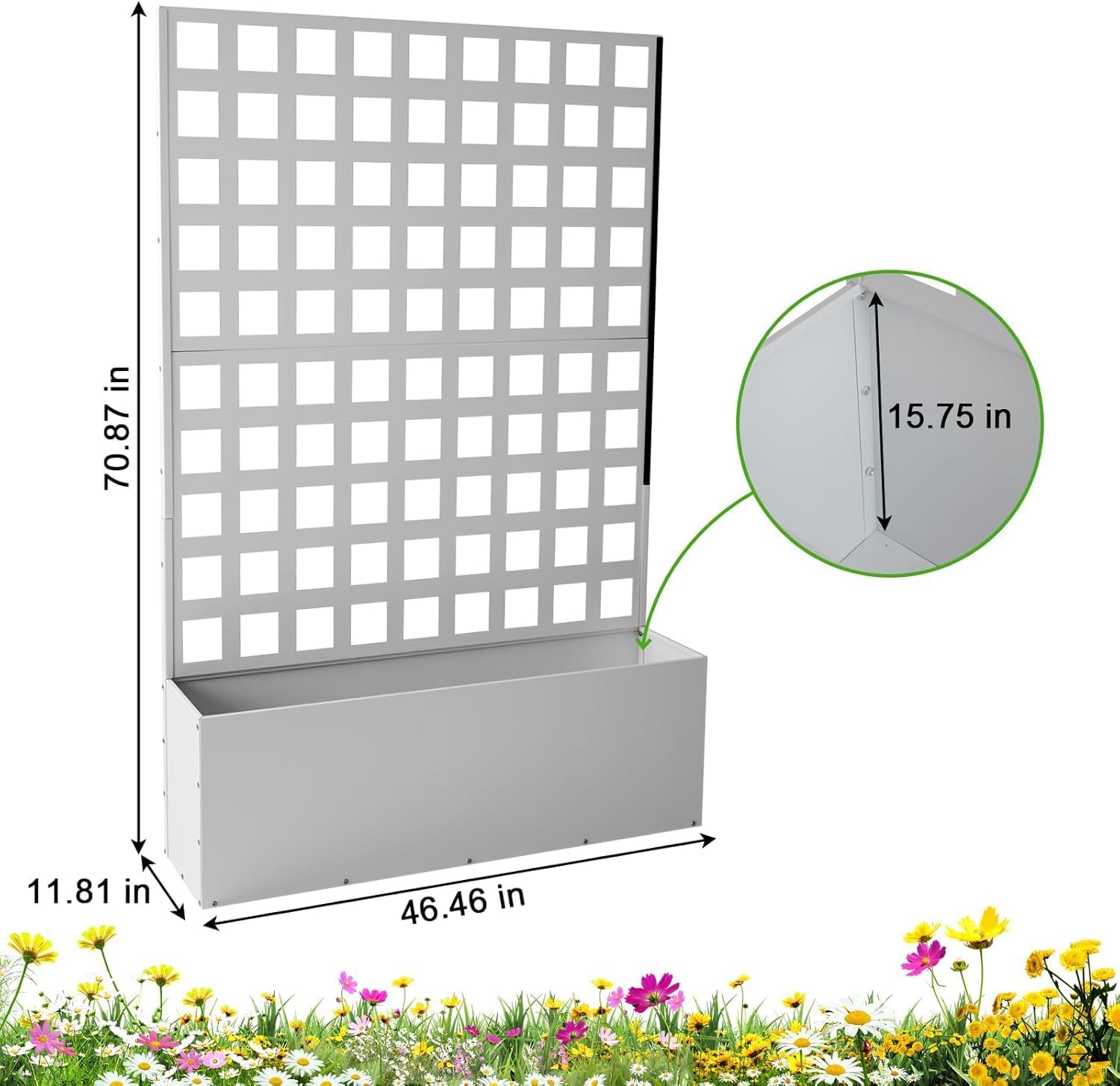 white grid trellis raised planter with labeled 70.87 inch height and 46.46 inch width