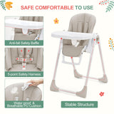Garvee Foldable High Chair for Babies Toddlers, Easy-Clean Removable Tray, 5-Point Harness, Adjustable Recline & Height, Lightweight Folding Feeding Seat, Grey - Grey