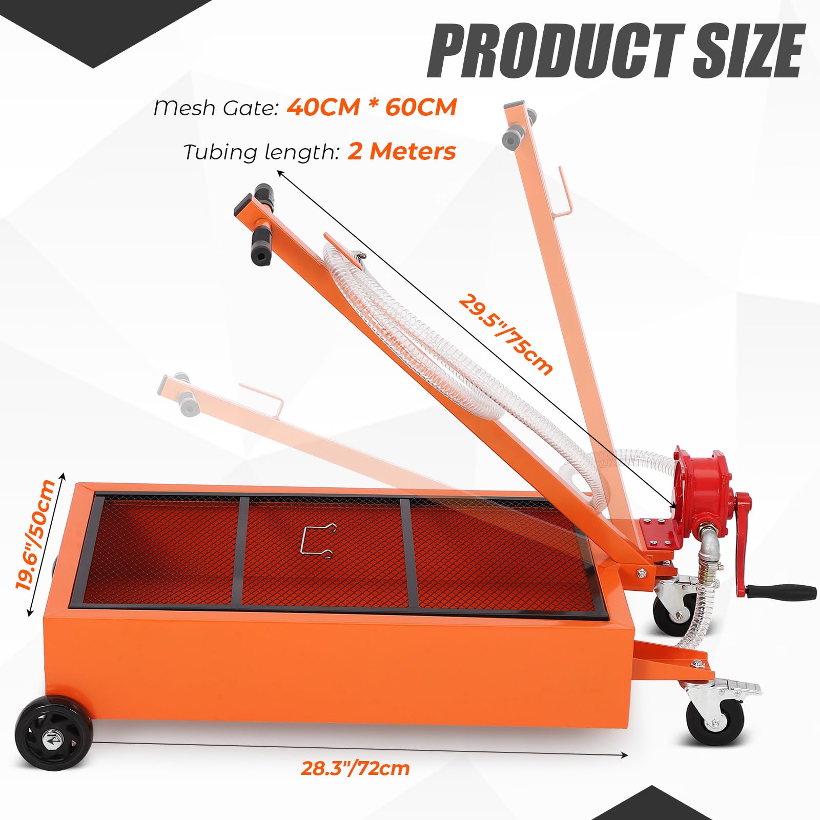 Orange 20 gallon low profile oil drain pan with product dimensions and raised handle