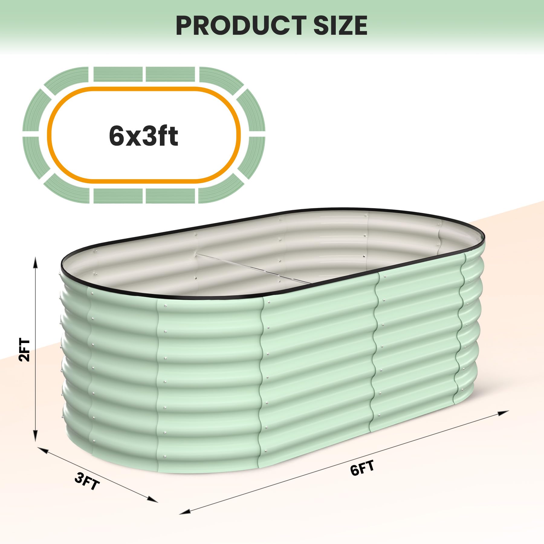 Green galvanized raised garden bed size diagram showing 6 ft length 3 ft width and 2 ft height