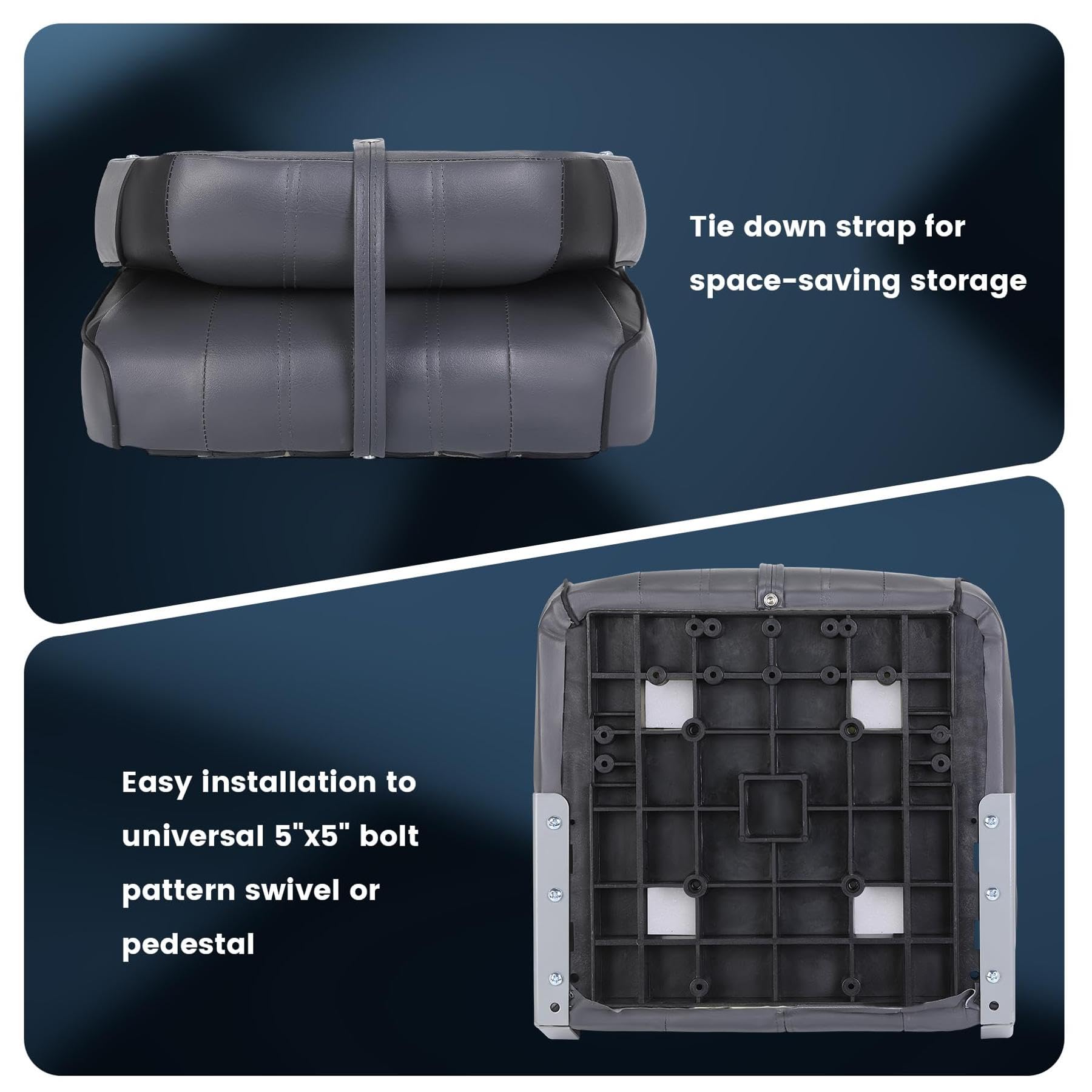 black and gray folded boat seat with tie down strap and 5 inch by 5 inch bolt pattern