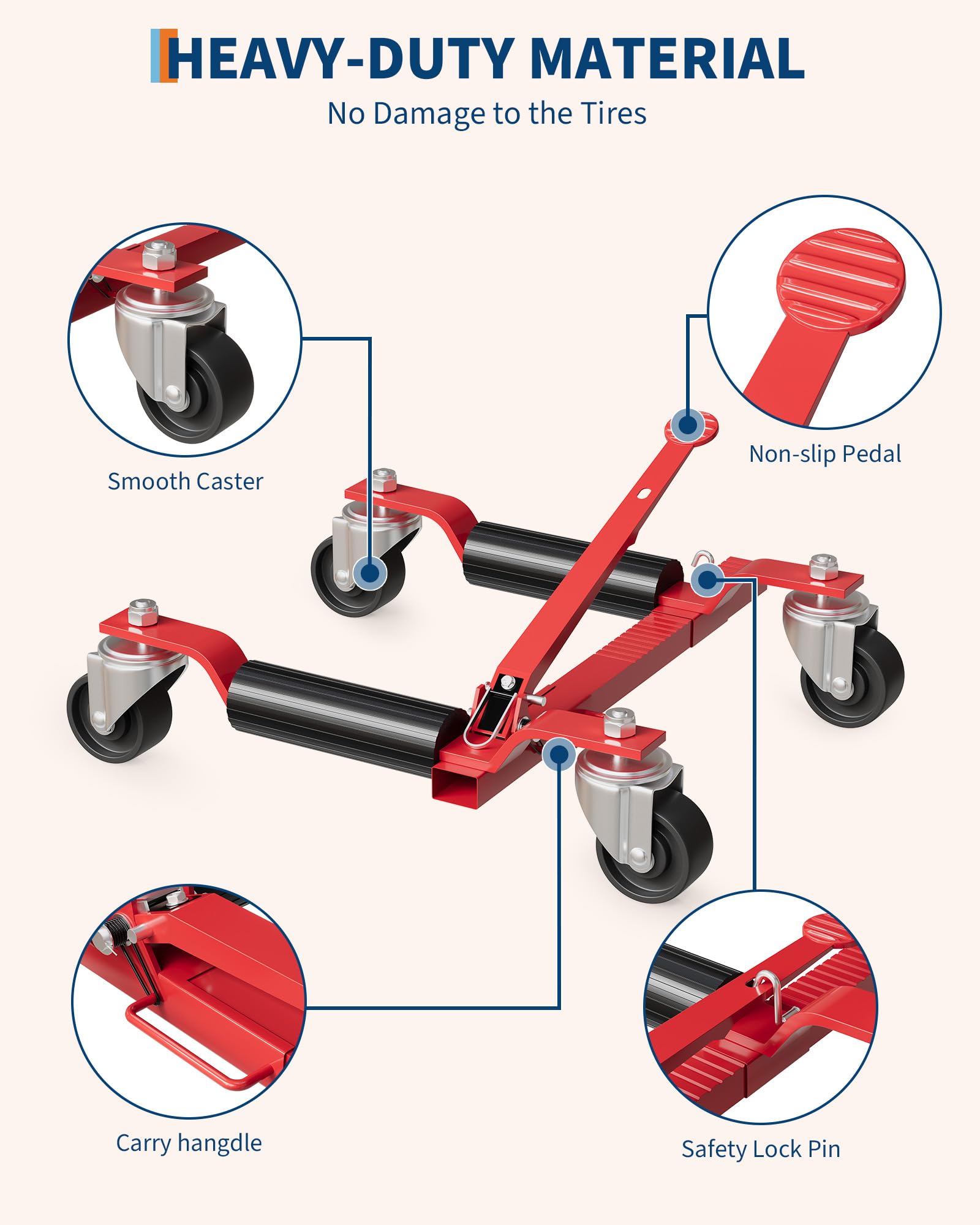 Red wheel dolly showing non slip pedal, carry handle, and safety lock pin