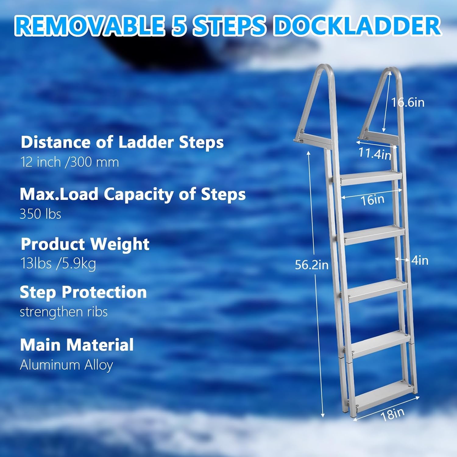 5 step removable dock ladder dimensions and 350 lb capacity layout