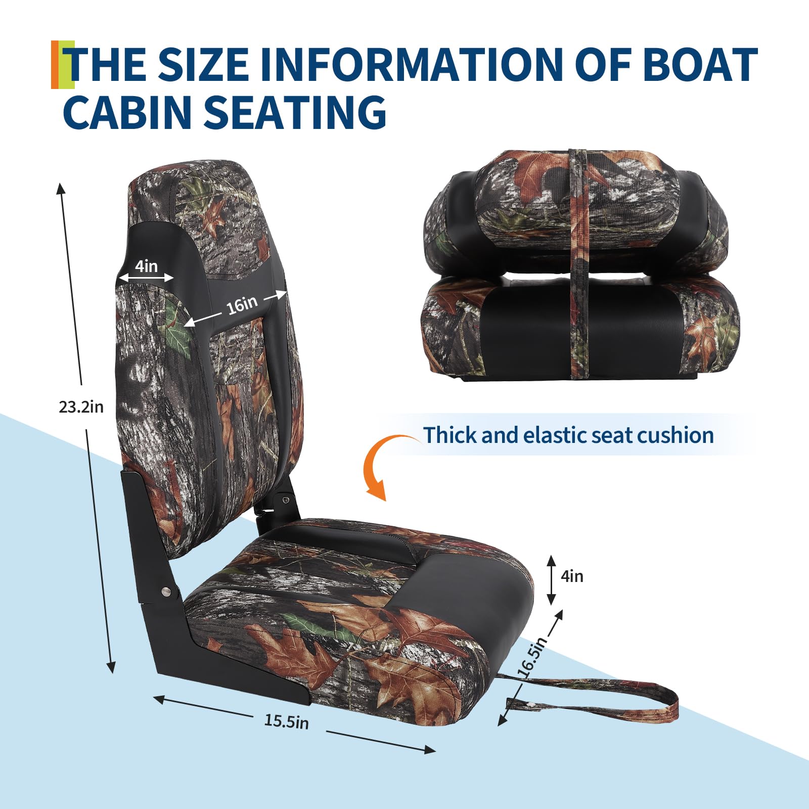 High back folding boat seat with thick cushion and size information