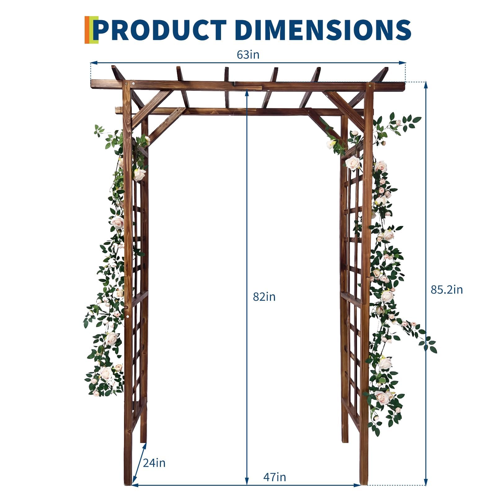 dark brown flat top garden arbor dimension diagram with overall width, passage width, depth, and height