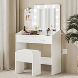 Garvee Vanity Desk with Mirror and LED Lights, Makeup Vanity Desk with Power Outlet and Cushioned Stool, Dressing Table with 2 Drawers & 3 Lighting Modes Adjustable Brightness for Bedroom, White - White