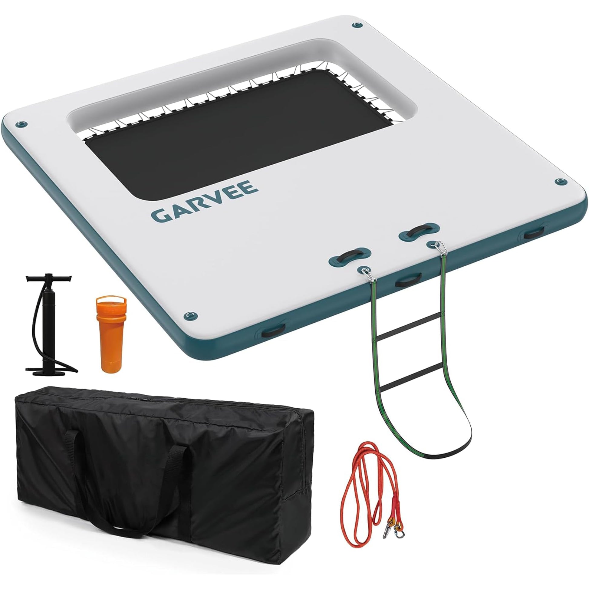Inflatable floating dock with hand pump ladder carry bag repair kit and ropes