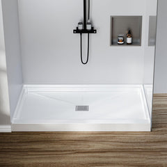 Garvee 48" x 32" Non-Slip SMC Shower Pan with Center Drain & 304 Stainless Steel Square Drain Cover - Single Threshold Shower Tray Kit for Easy Installation