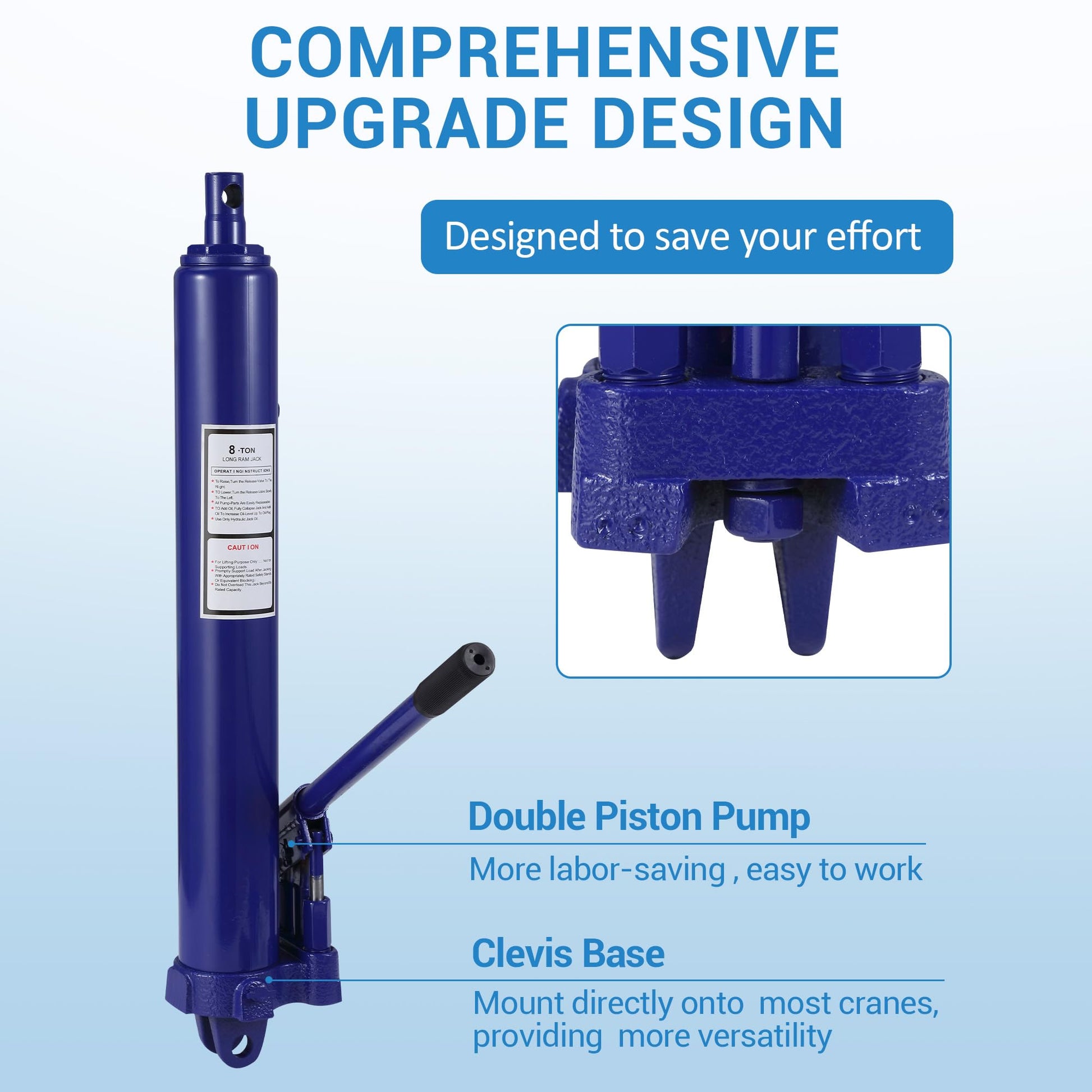 Double piston pump and clevis base on hydraulic ram jack