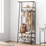 Garvee Multifunctional Coat Rack Shoe Bench with 5 Hooks + Wood Look + Metal Frame + Top Shelf + C-shaped Hooks + Sturdy Frame + Entryway Organizer - Rustic Brown & Black