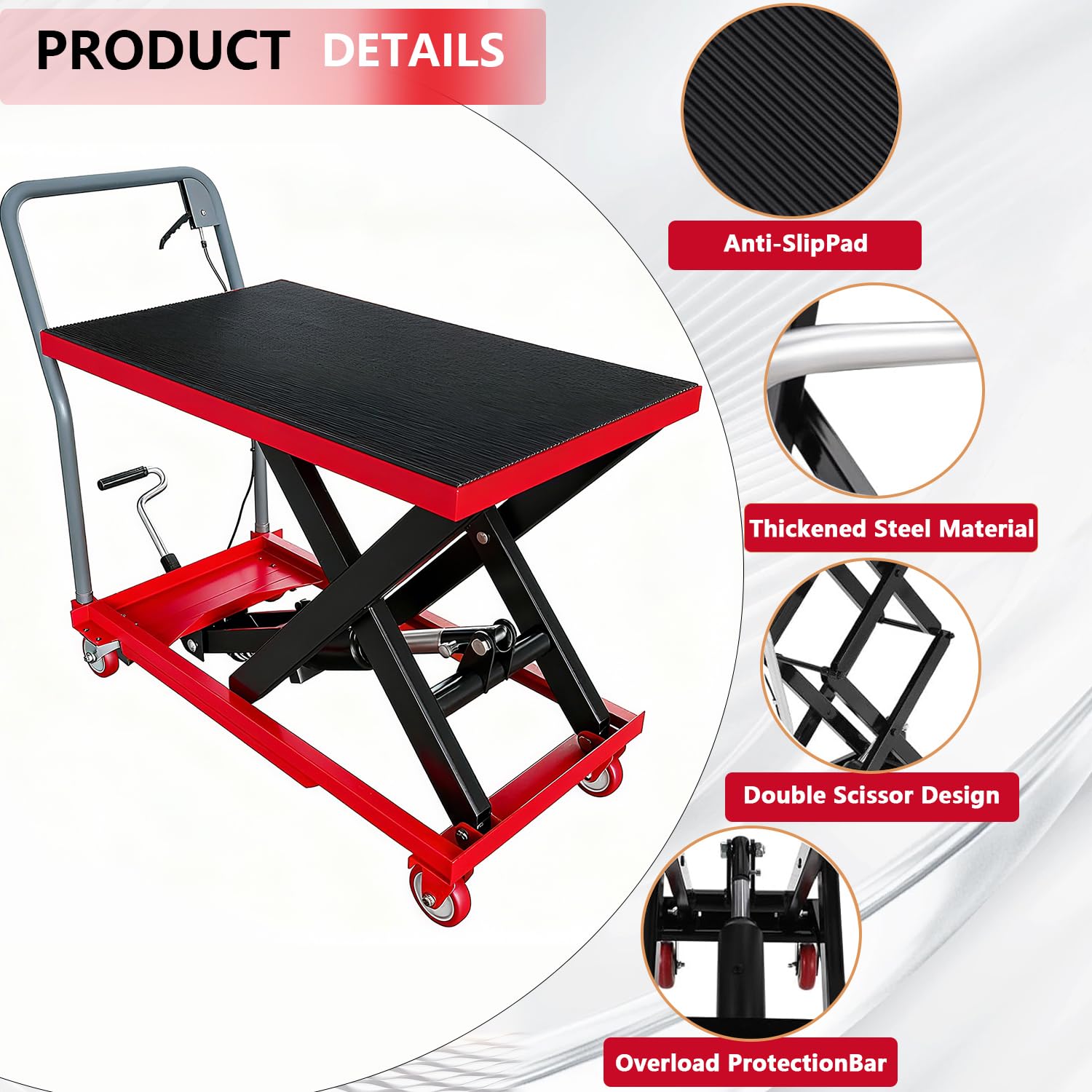 Anti-slip pad and thickened steel details on lift table cart