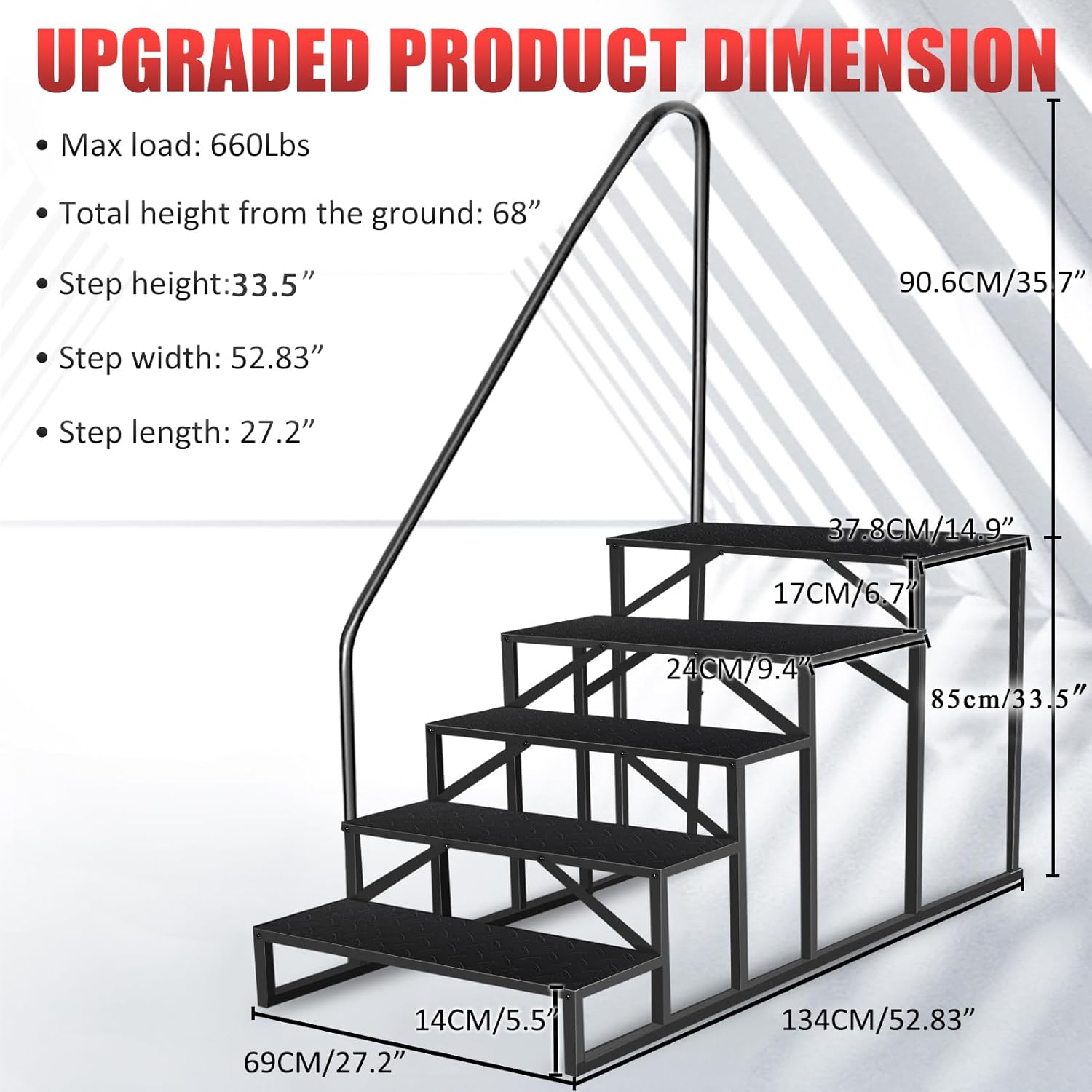 Garvee 5 Step RV steps dimension diagram with 660 lbs max load and platform measurements