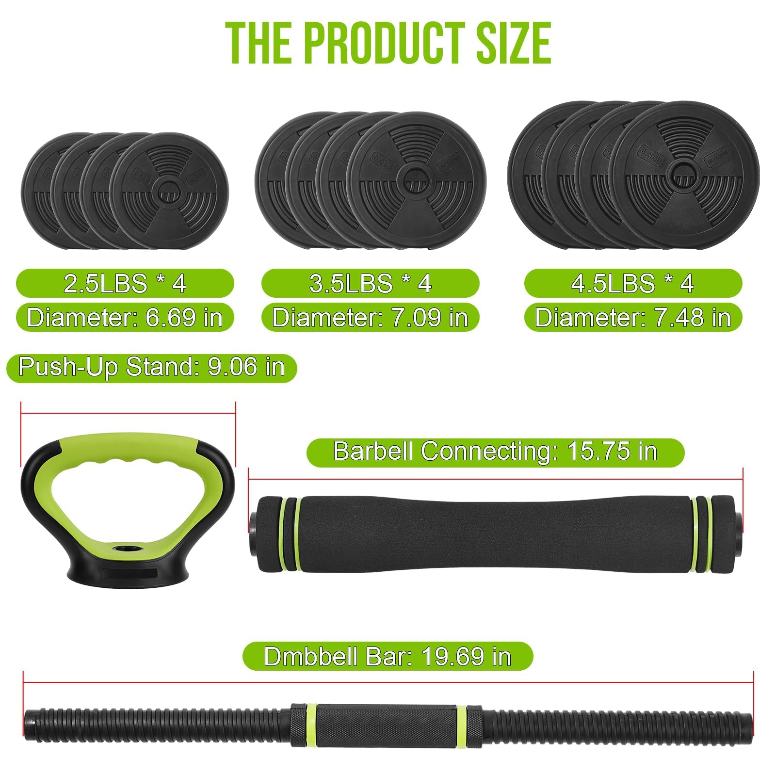 Product size chart showing plate sizes and bar dimensions