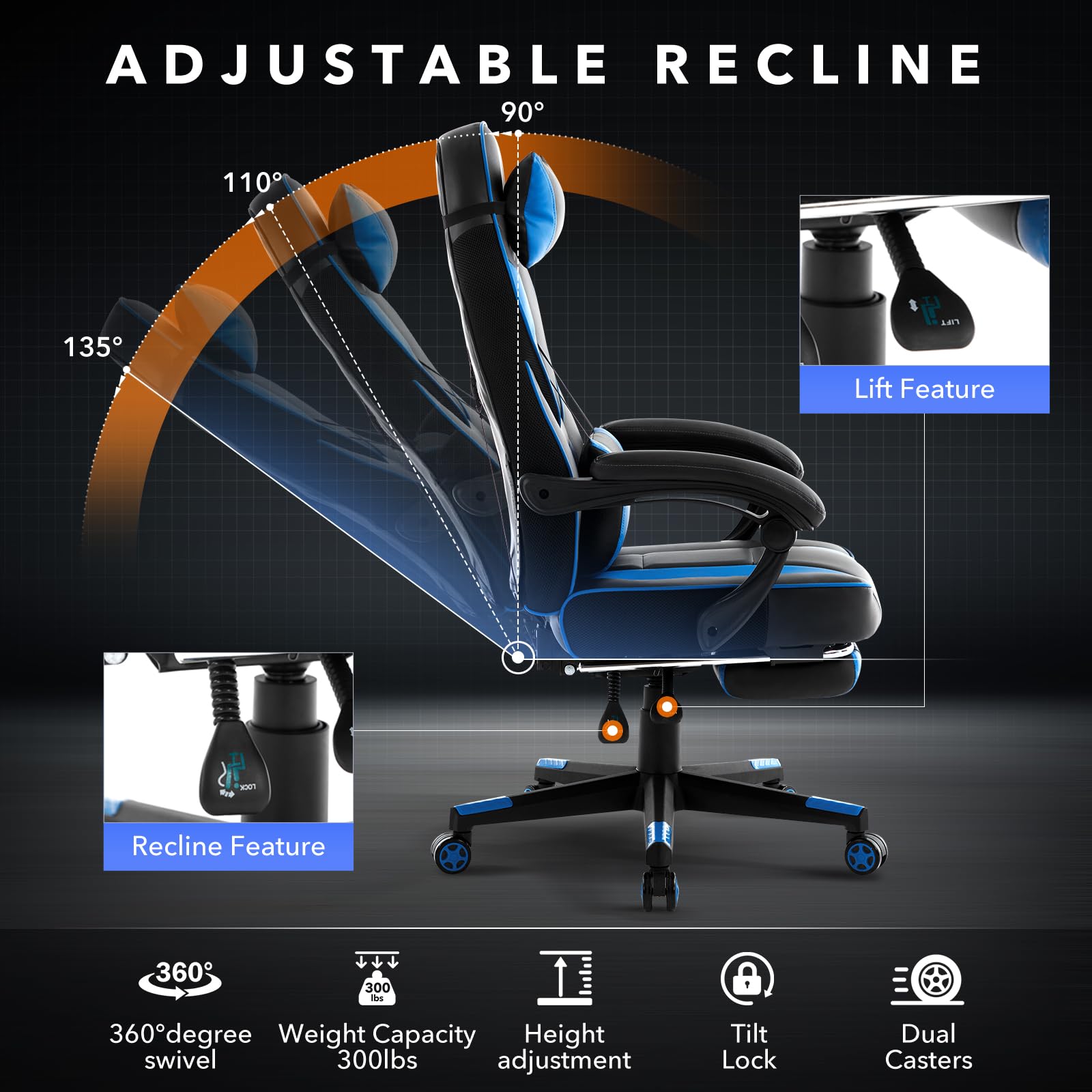 Adjustable recline range 90 to 135 degrees for gaming chair