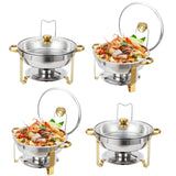 Garvee Chafing Dish Buffet Set 4 Pack 5QT Stainless Steel Round Chafing Dishes with Lid Holder & Glass Lid for Parties Wedding Camping Dinner Gold - Gold-4Pack
