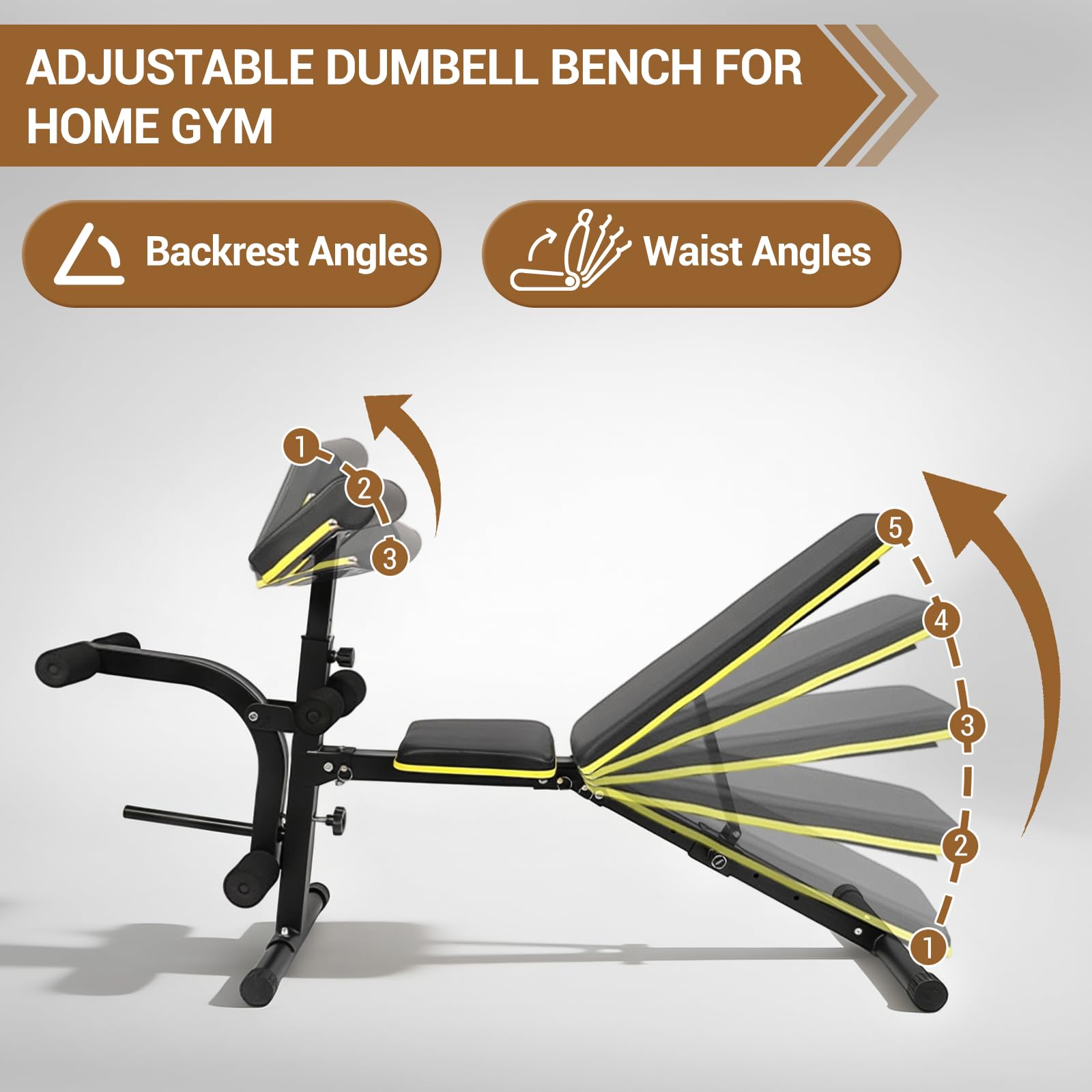 Adjustable backrest and seat angles on Garvee weight bench