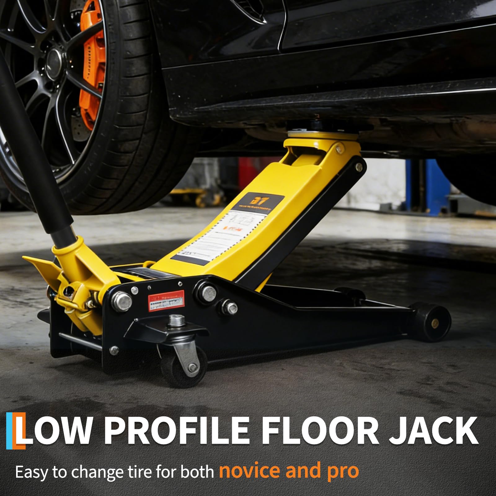 Yellow low profile hydraulic floor jack lifting a vehicle in a garage