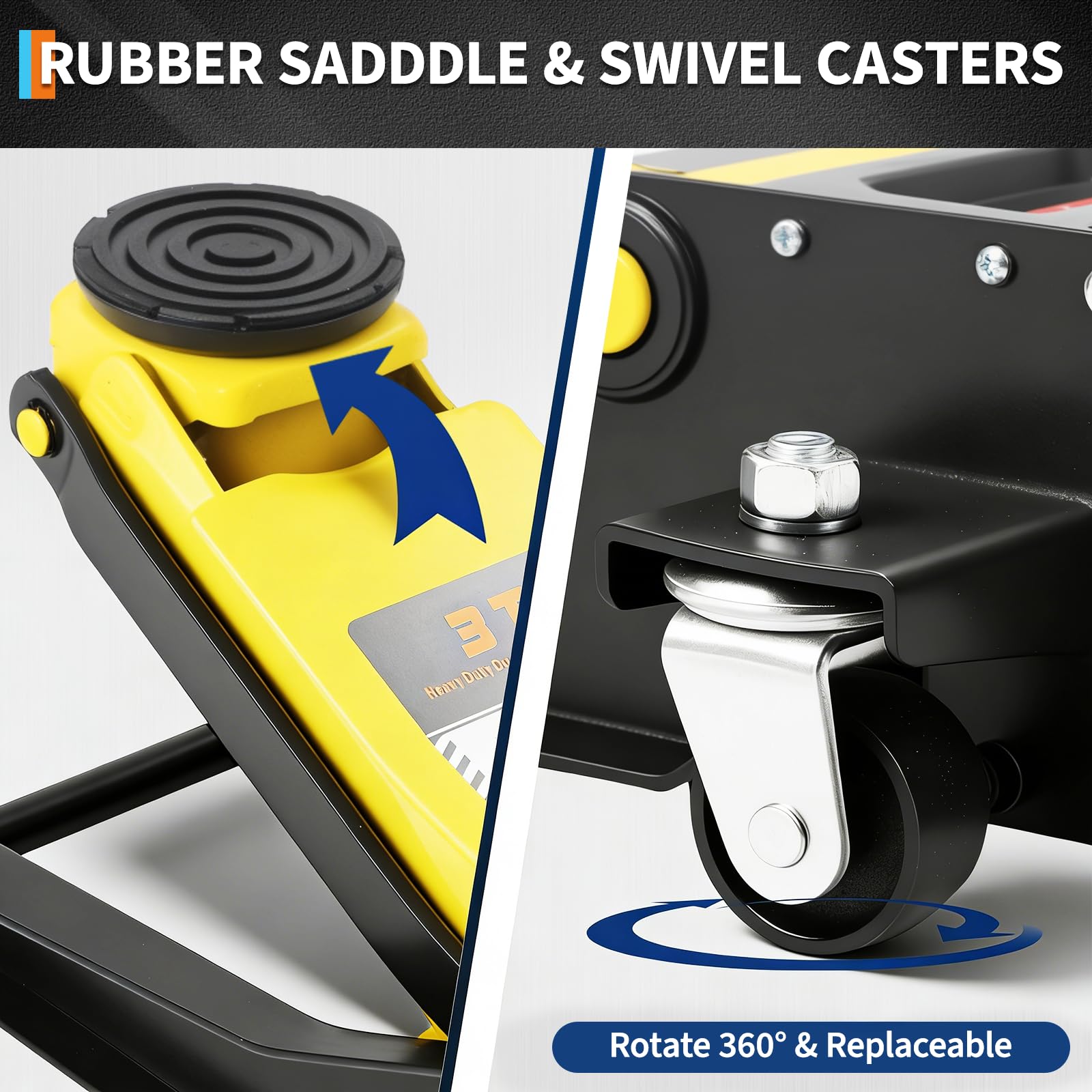 Yellow floor jack rubber saddle and 360 degree swivel caster details