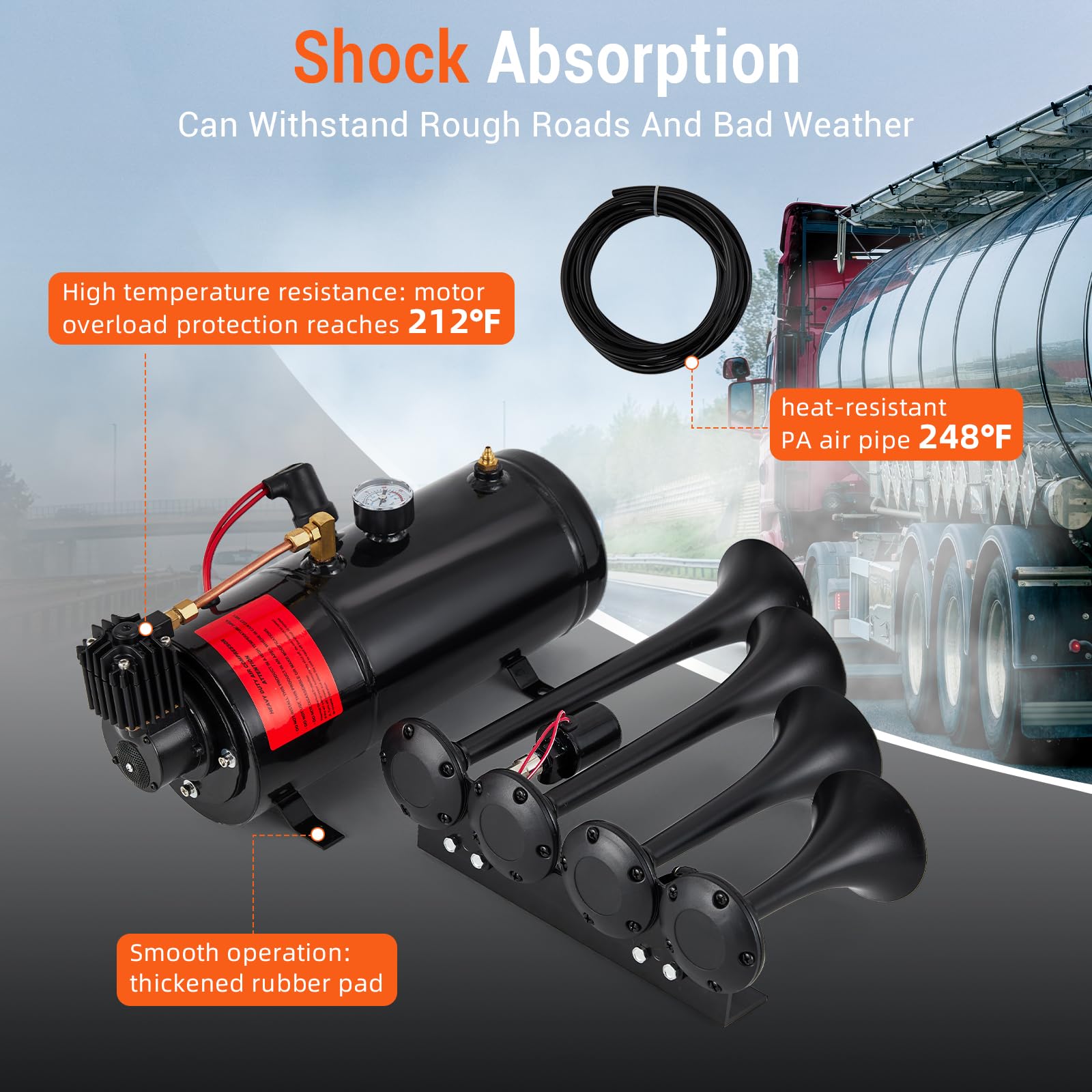 Shock absorption and heat resistance for rough roads and bad weather