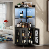 Garvee 5-Tiers Corner Bar Cabinet with Power Outlet, Industrial Tall Wine Cabinet with LED Lights, Corner Display Shelf for Living Room/Kitchen, 64", Black - Black