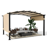 Garvee 9' x 12' Outdoor Arched Pergola, Metal Gazebo with Retractable Sun Shade for Backyards, Lawn, Patios (Khaki) - Khaki