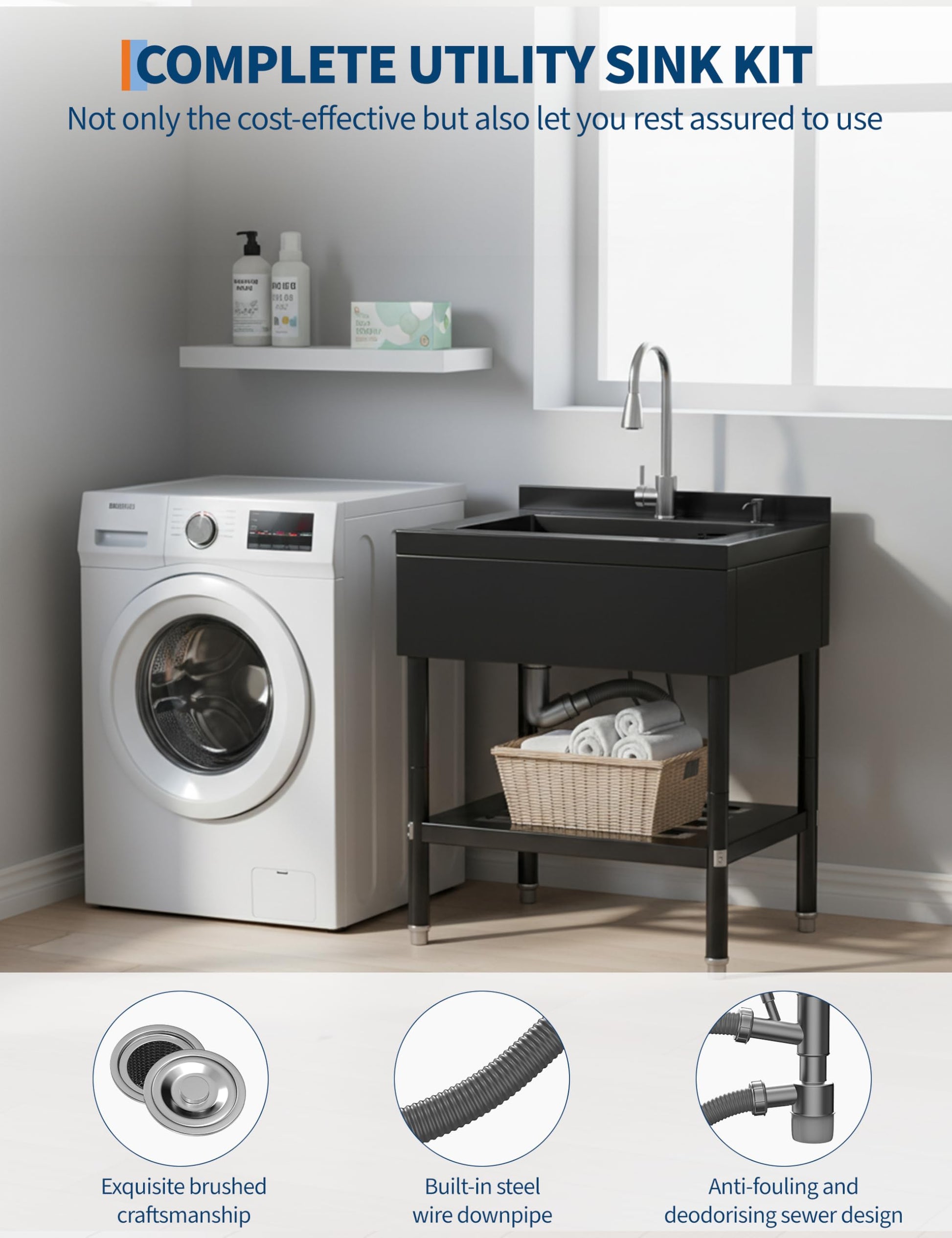 Freestanding utility sink with bottom shelf in a laundry room