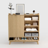 Garvee Narrow Fluted Shoe Cabinet Storage for Entryway, Wood Large Freestanding Organizer with Sliding Door, 2 Flip Drawers, Adjustable Shelves, Bottom Open Shelf, Elegant Design - Natural Oak