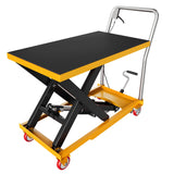 Garvee Hydraulic Lift Table Cart 1100 LBS Capacity Manual Single Scissor Lift Table with Locking Wheels and Non-Slip Pad for Material Handling 35.4 in Height - Yellow