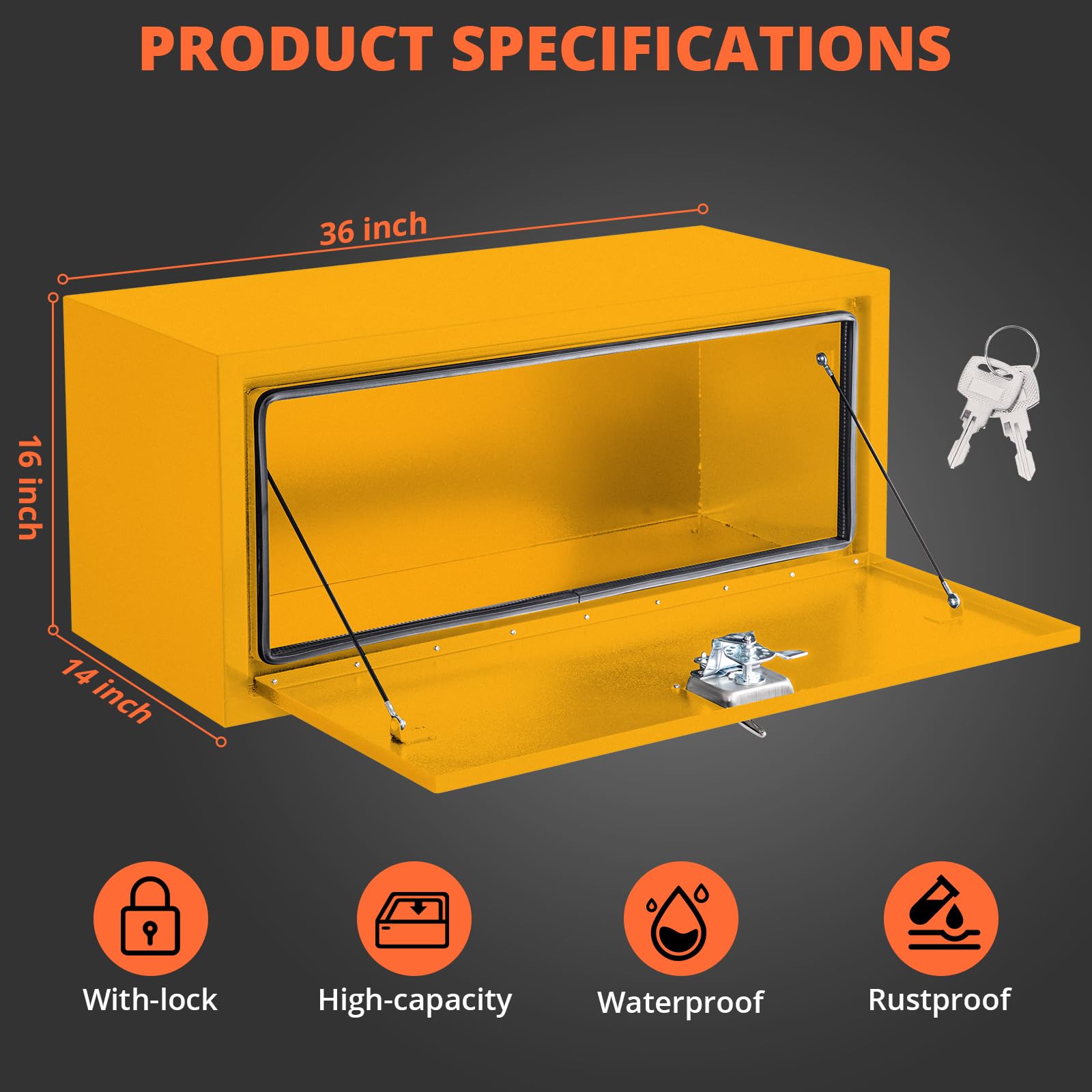 Garvee 36x14x16 Inch Underbody Truck Box Black Steel Lockable Waterproof Toolbox for Tools Storage Heavy Duty Organizer, Yellow - Durable Steel Construction