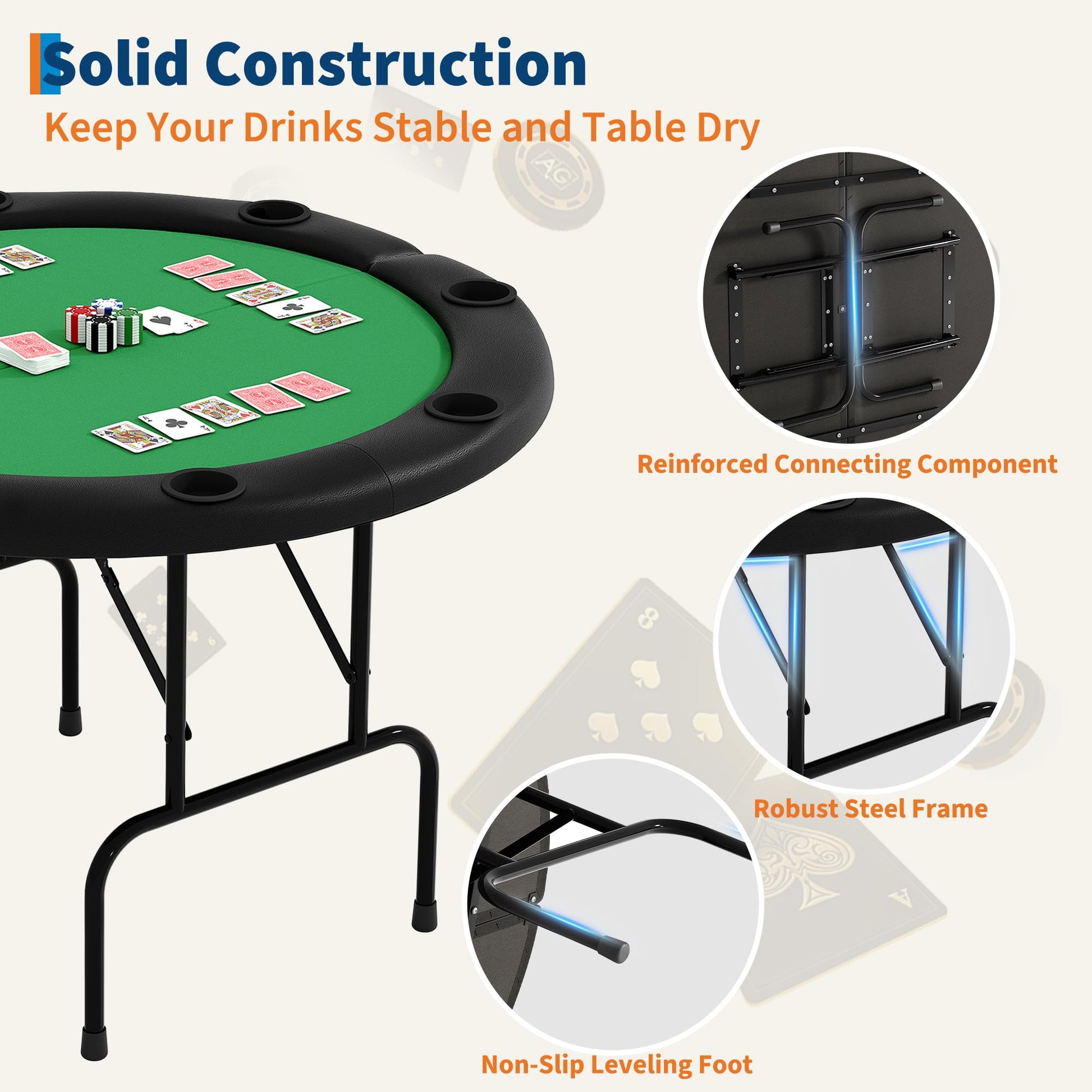 Reinforced steel frame and non-slip feet on poker table