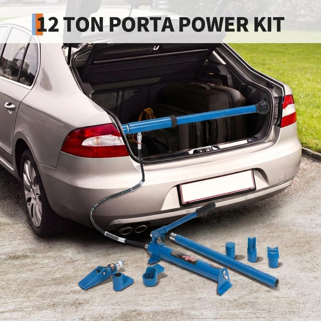 Blue 12 ton hydraulic porta power kit positioned for automotive body and frame repair