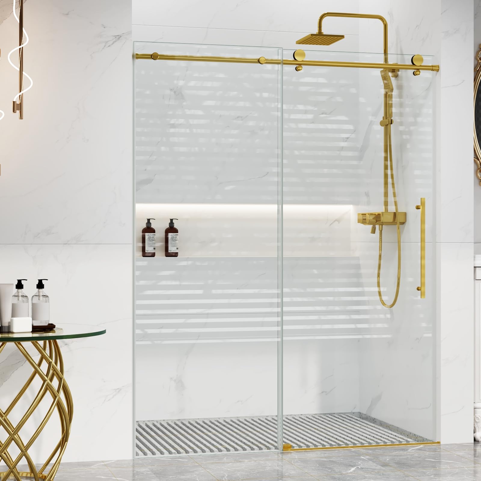 Frameless Sliding Shower Door, 60" x 75", Gold installed in a modern bathroom