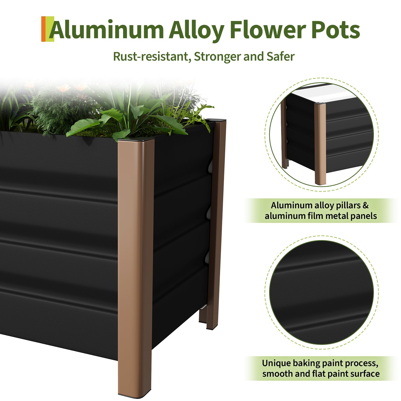 Gray aluminum planter box detail showing alloy pillars metal panels and baked paint surface