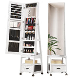 Garvee 360° Swivel Jewelry Armoire, 66" H Floor Standing, Locking, Full Length Mirror, Makeup Mirror, Bottom Drawer, Rear Storage Shelves, Wheels, White Cabinet, Large Storage Capacity - White