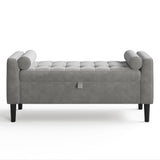 Garvee 46.5 in Grey Velvet Storage Ottoman Bench with Rolled Armrests and Wood Legs for Entryway, Living Room, Bedroom & Hallway - Light Gray