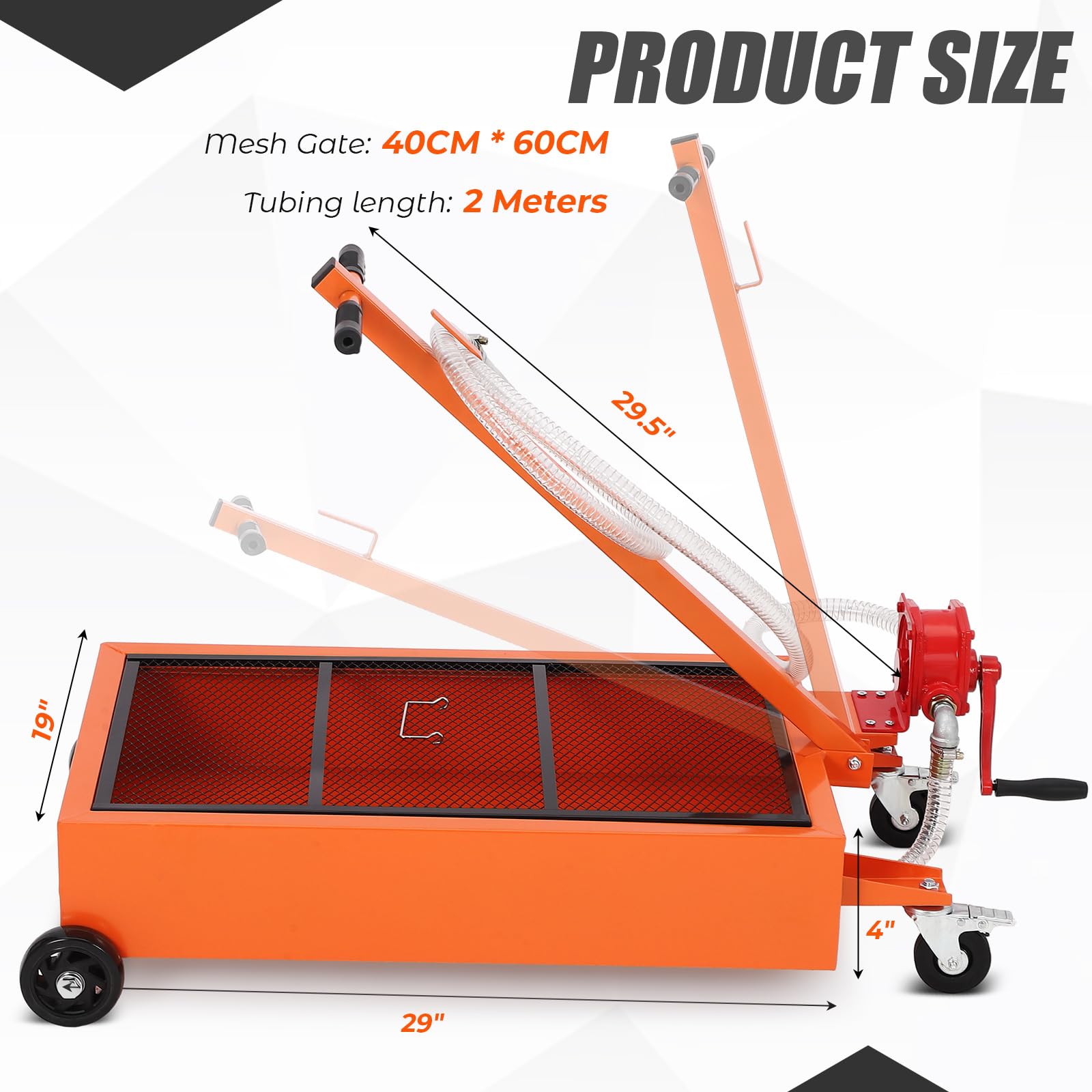 Orange low profile oil drain pan with product dimensions and raised handle