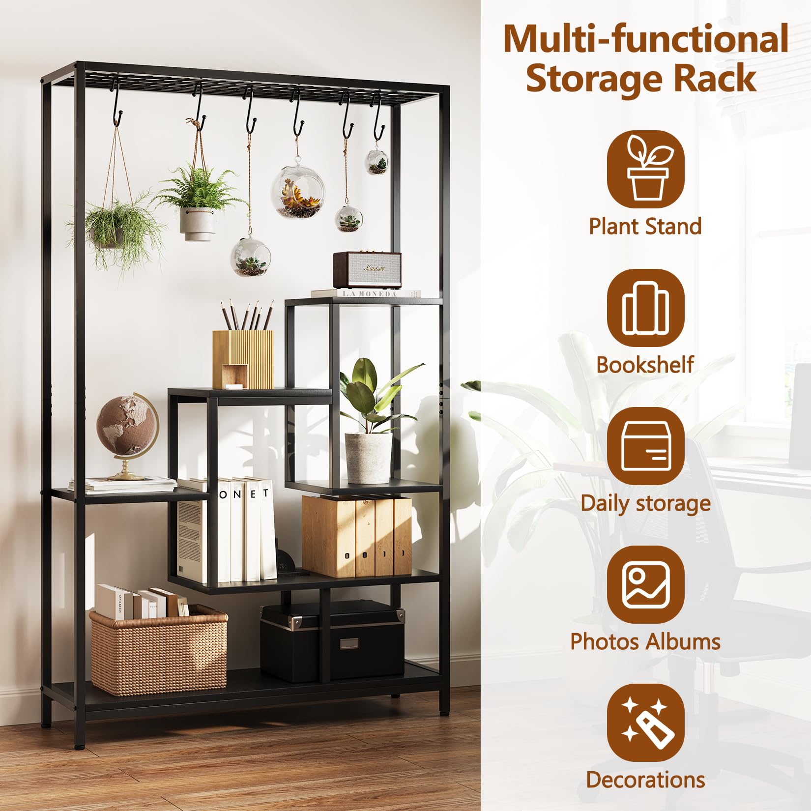Black multi purpose storage rack styled with books, plants, albums, baskets, and decorations