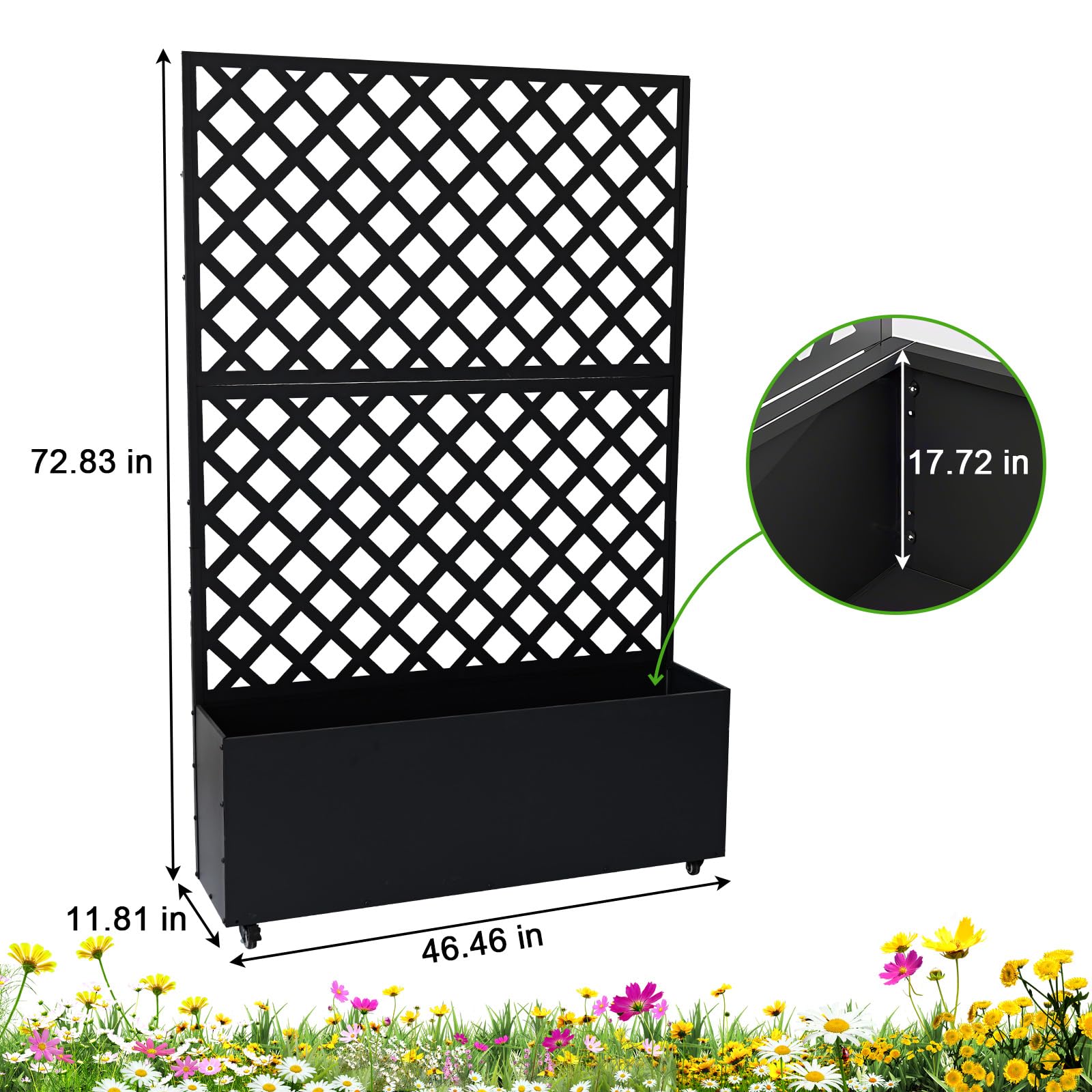 black diamond trellis raised garden bed with wheels and labeled overall dimensions
